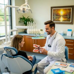 Dentist explaining dental procedures to a patient in a warm, inviting office setting at Cohen Dentistry, emphasizing personalized care and comprehensive treatment plans for full mouth reconstruction.