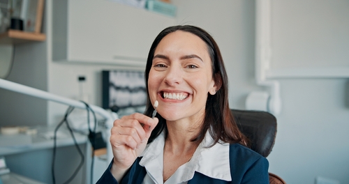 Happy,Woman,,Portrait,Or,Patient,In,Dental,Clinic,For,Crown